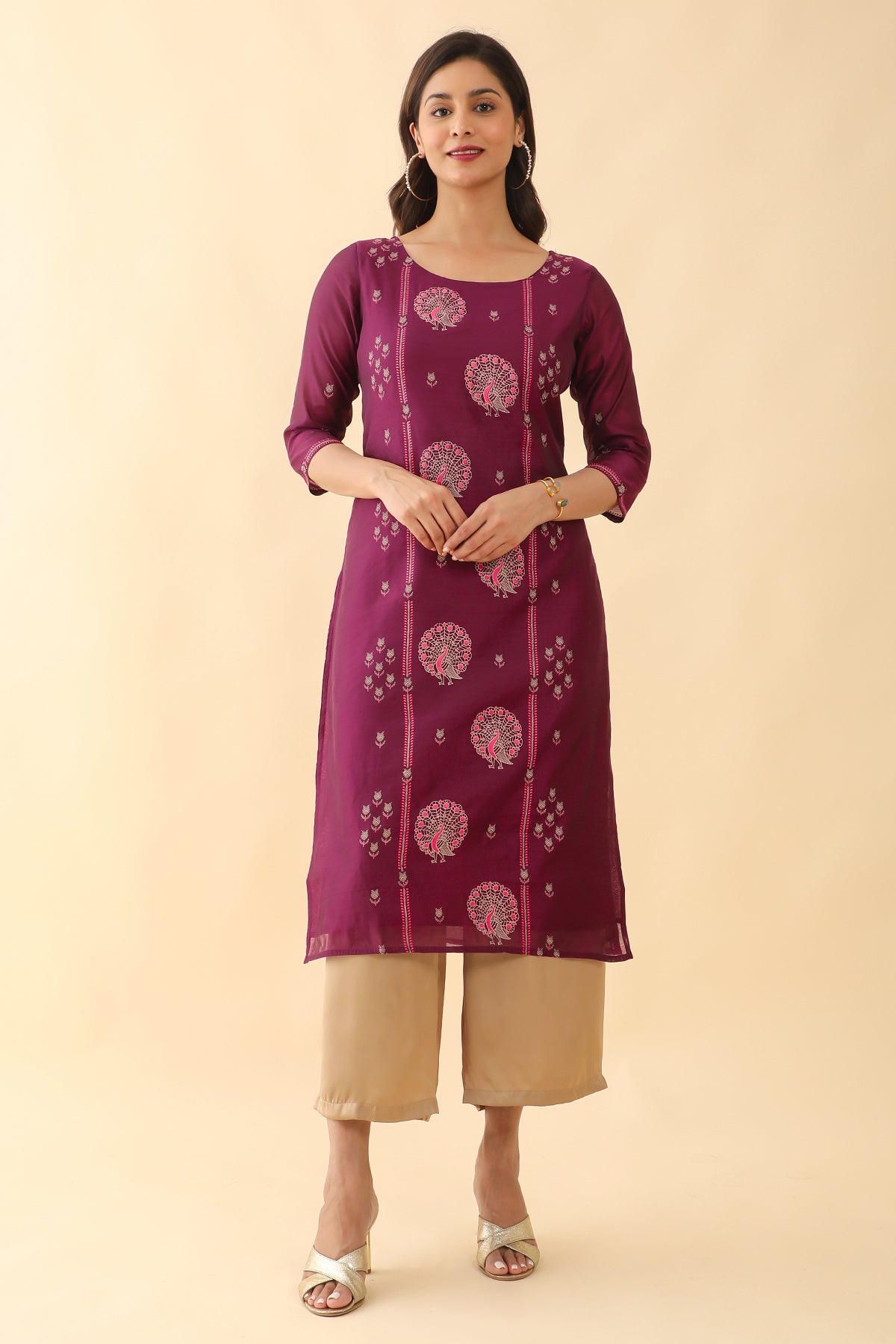 Peacock Motif Printed Kurta Purple