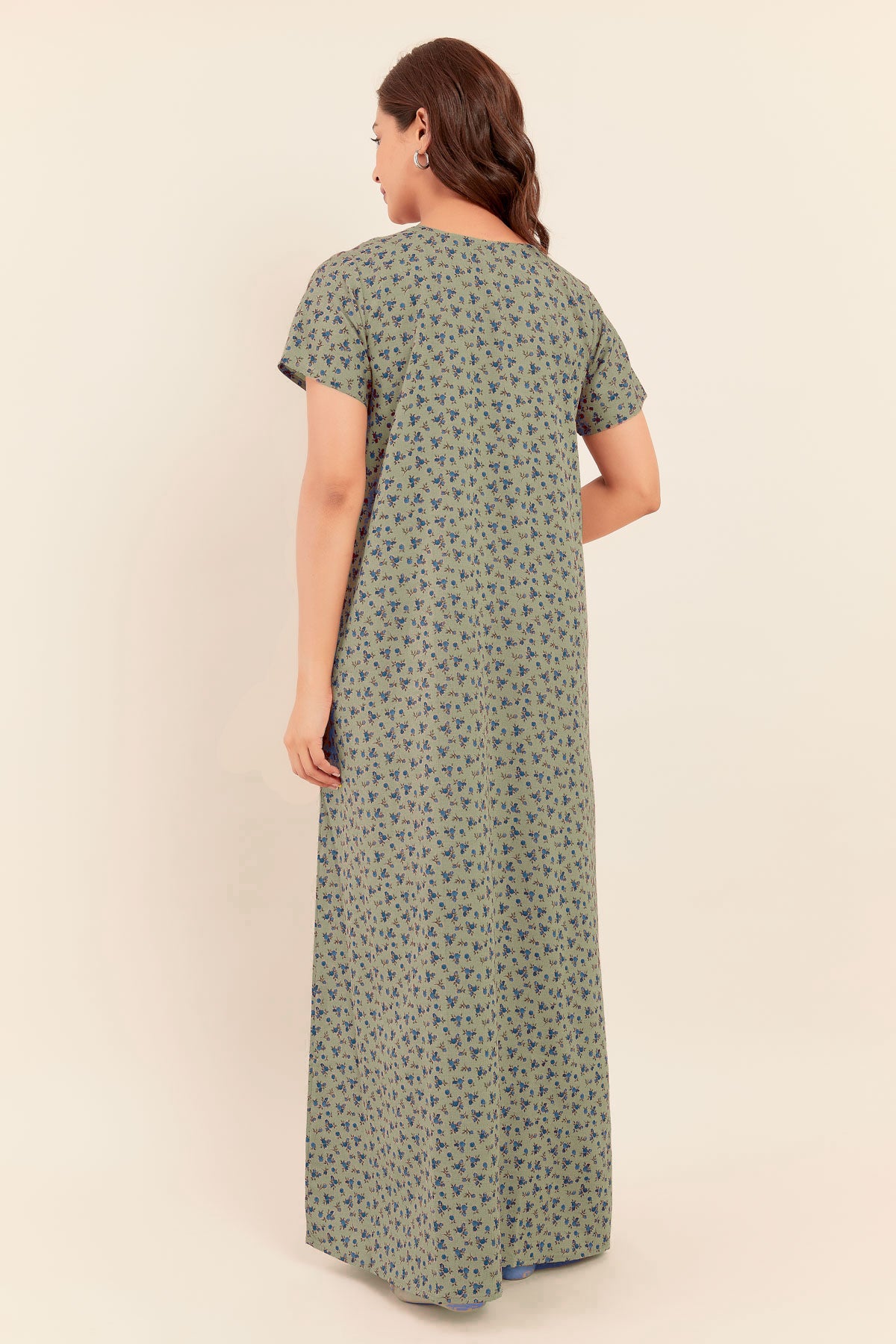 All Over Ditsy Floral Print With Embroidered Yoke Nighty - Blue