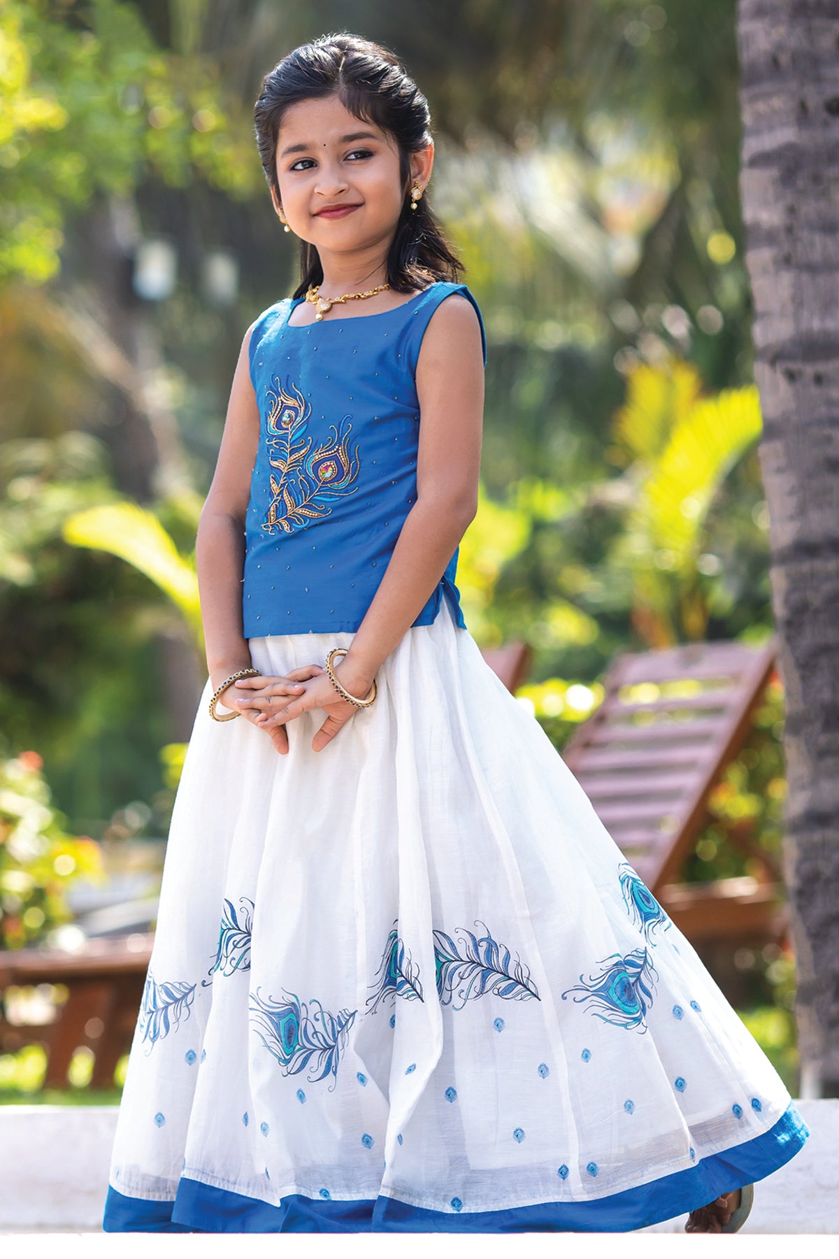 Peacock Feather Placement Embroidered Sleeveless Top & Printed Skirt Set -  Blue & White