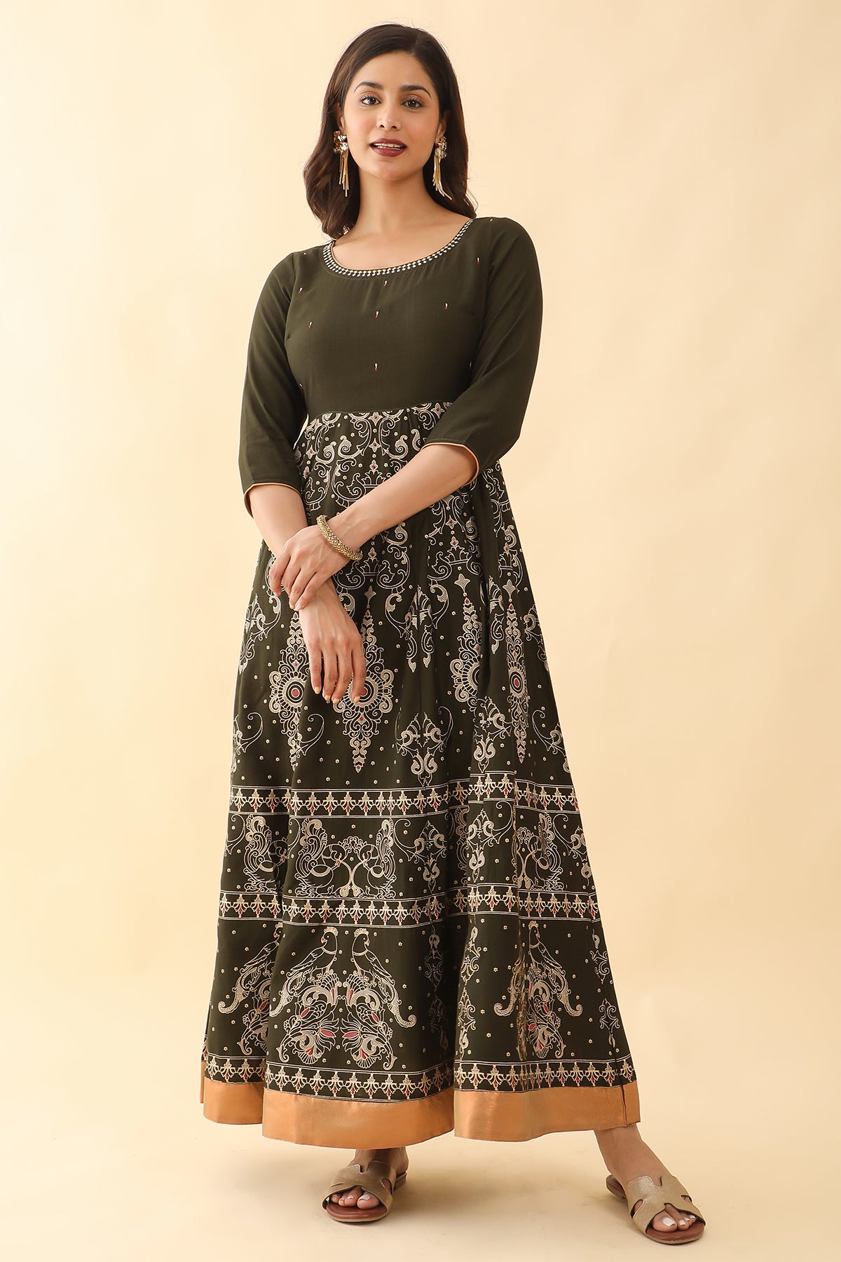 Contemporary Birds Printed Anarkali Green