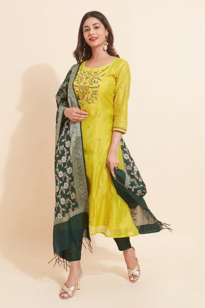 Floral Embroidered With Brocade Dupatta - Yellow & Green