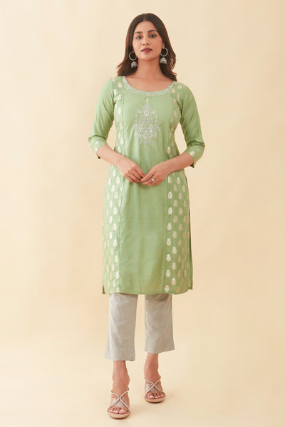 Contrast Floral Embroidered With Brocade Panelled Kurta - Green