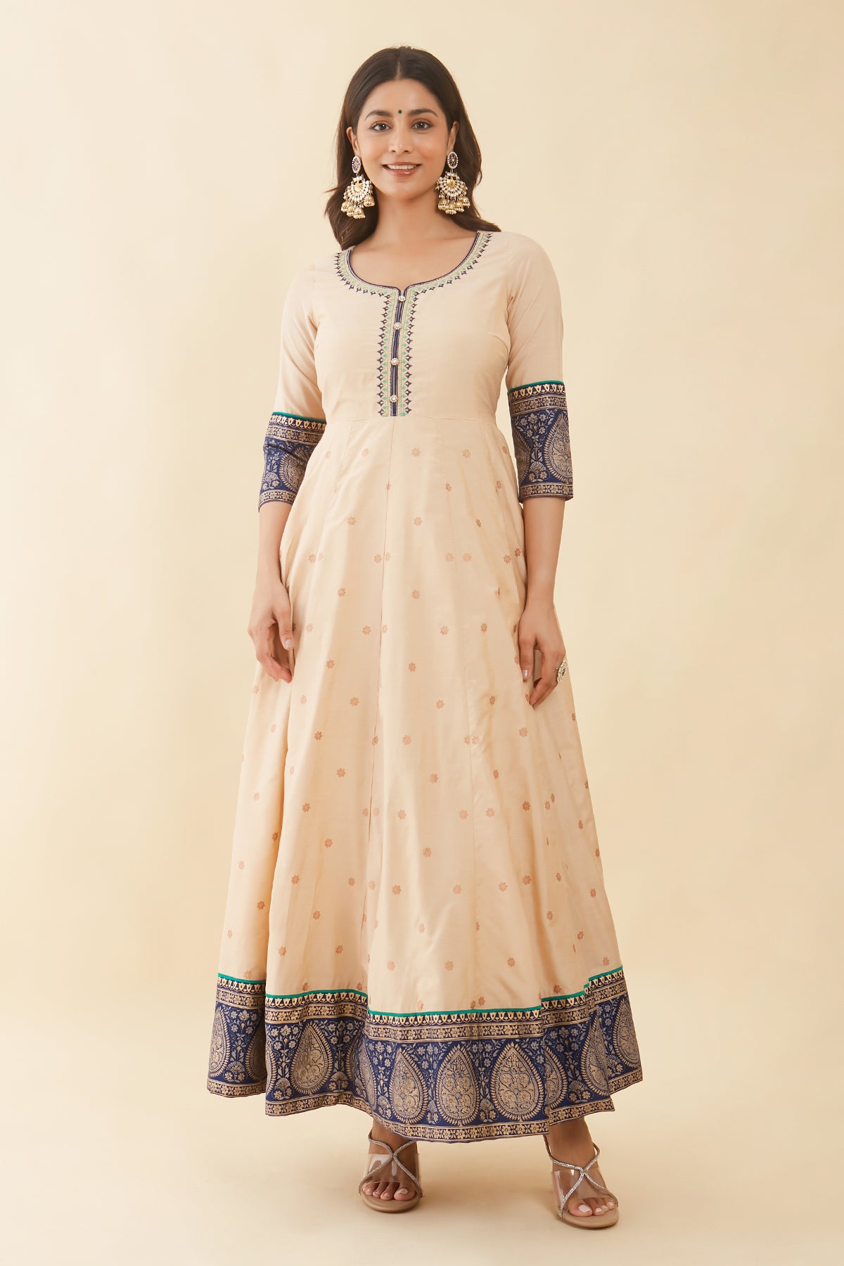 Floral Embroidered Neckline With Printed Anarkali Beige