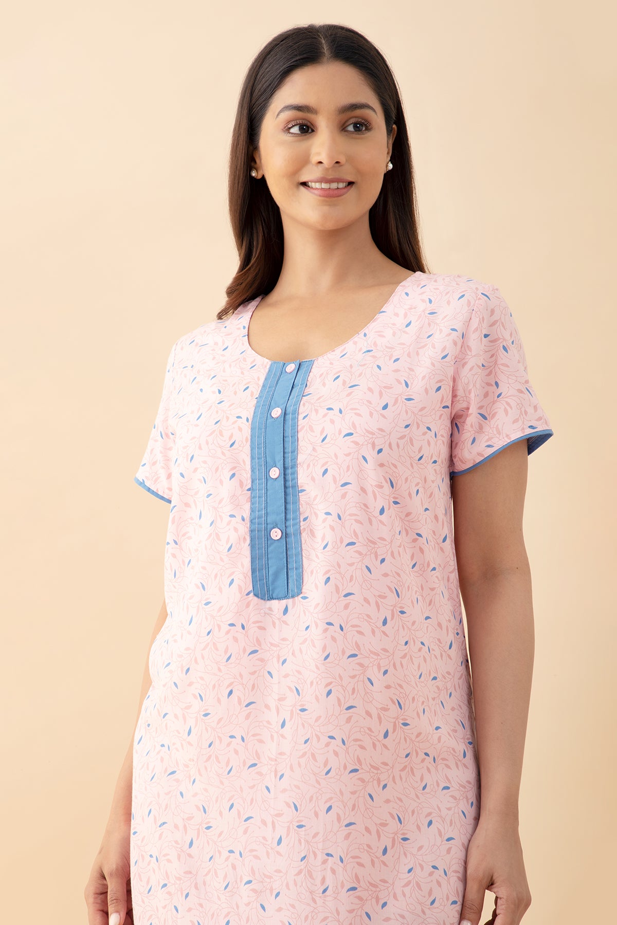 Floral Printed Nighty with Contrast Yoke - Pink