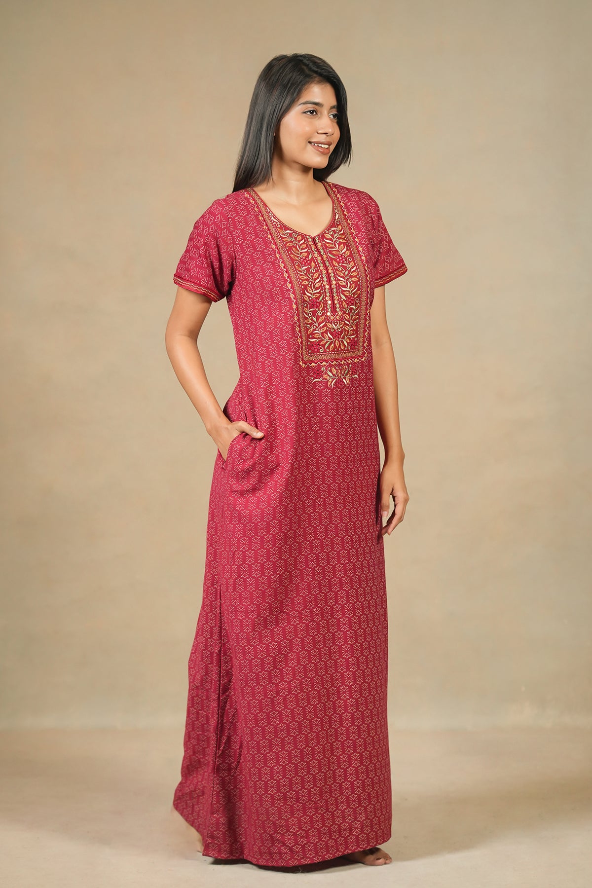 Floral Embroidered Yoke With Allover Geometric Printed Nighty - Red