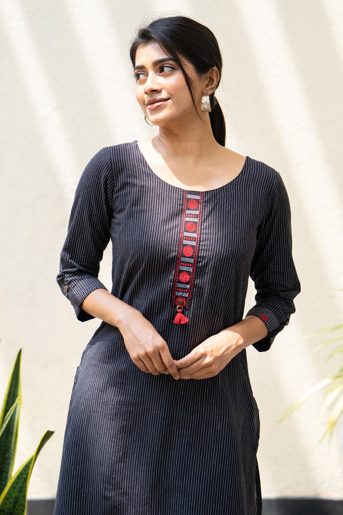 All Over Geometric Motif Dobby Weave Kurta - Black