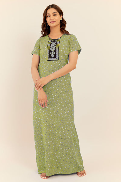 All Over Ditsy Geometric Print With Embroidered Yoke Nighty - Green
