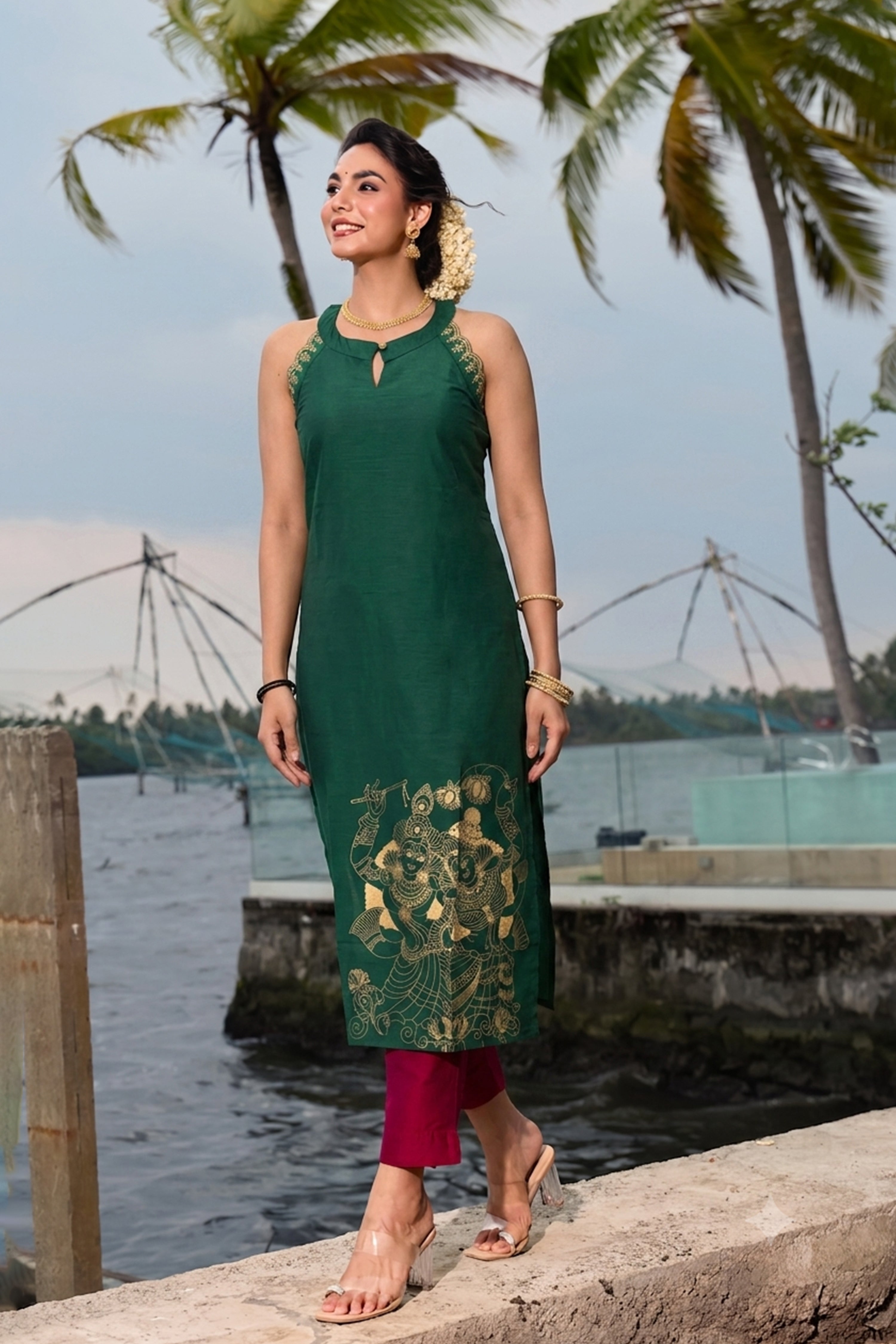 Green Mural Printed Raw Silk Kurta