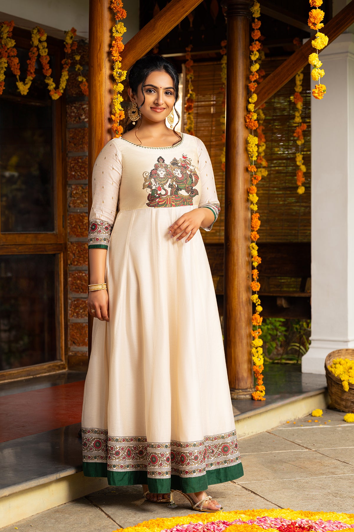 Mural Printed Anarkali - Off-White