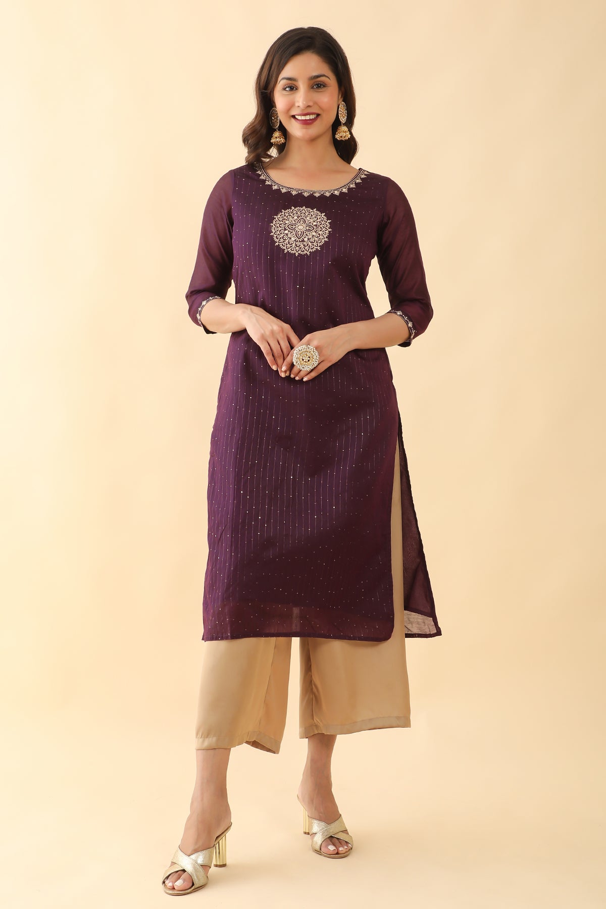 All Over Sequins Mandala Embroidered Kurta Purple