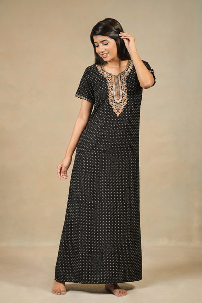 Allover Polka Dotted With Floral Embroidered Yoke Nighty - Black