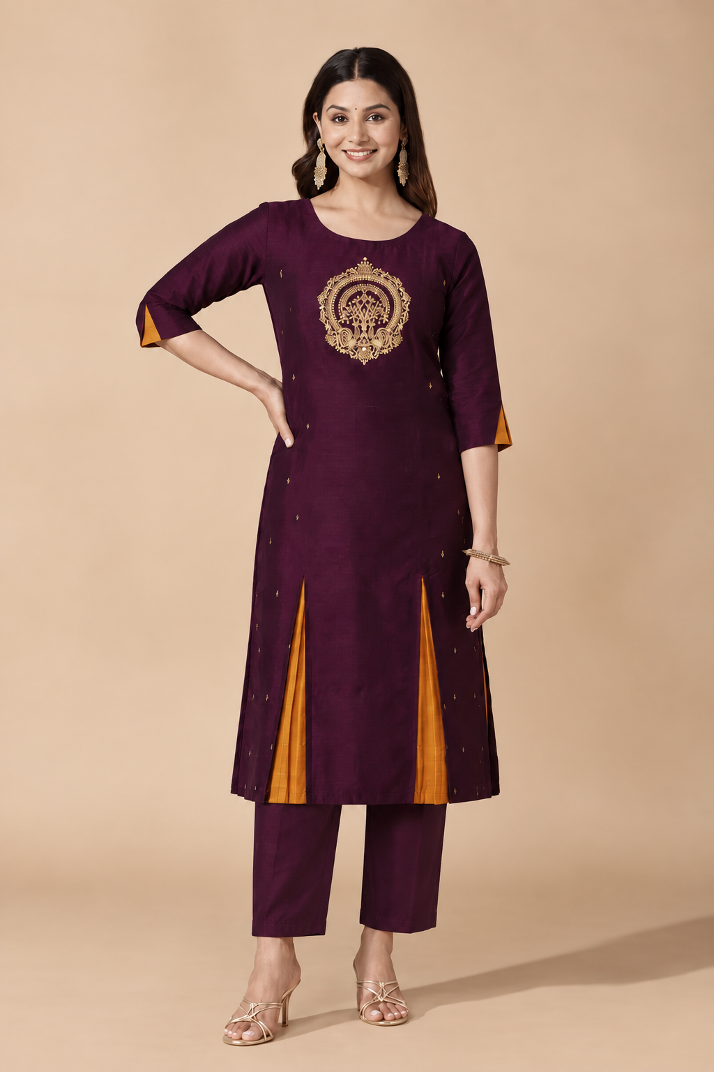 Peacock Embroidered Wine Kurta with Mustard Godets