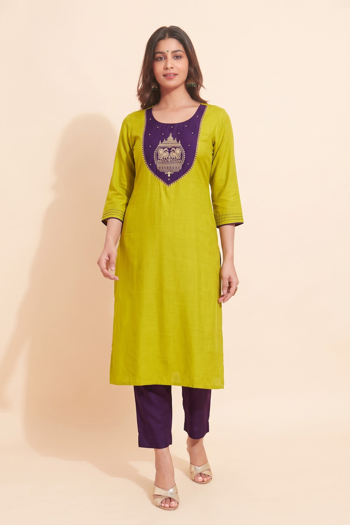 Mustard Green Peacock Embroidery Straight Festive Kurta