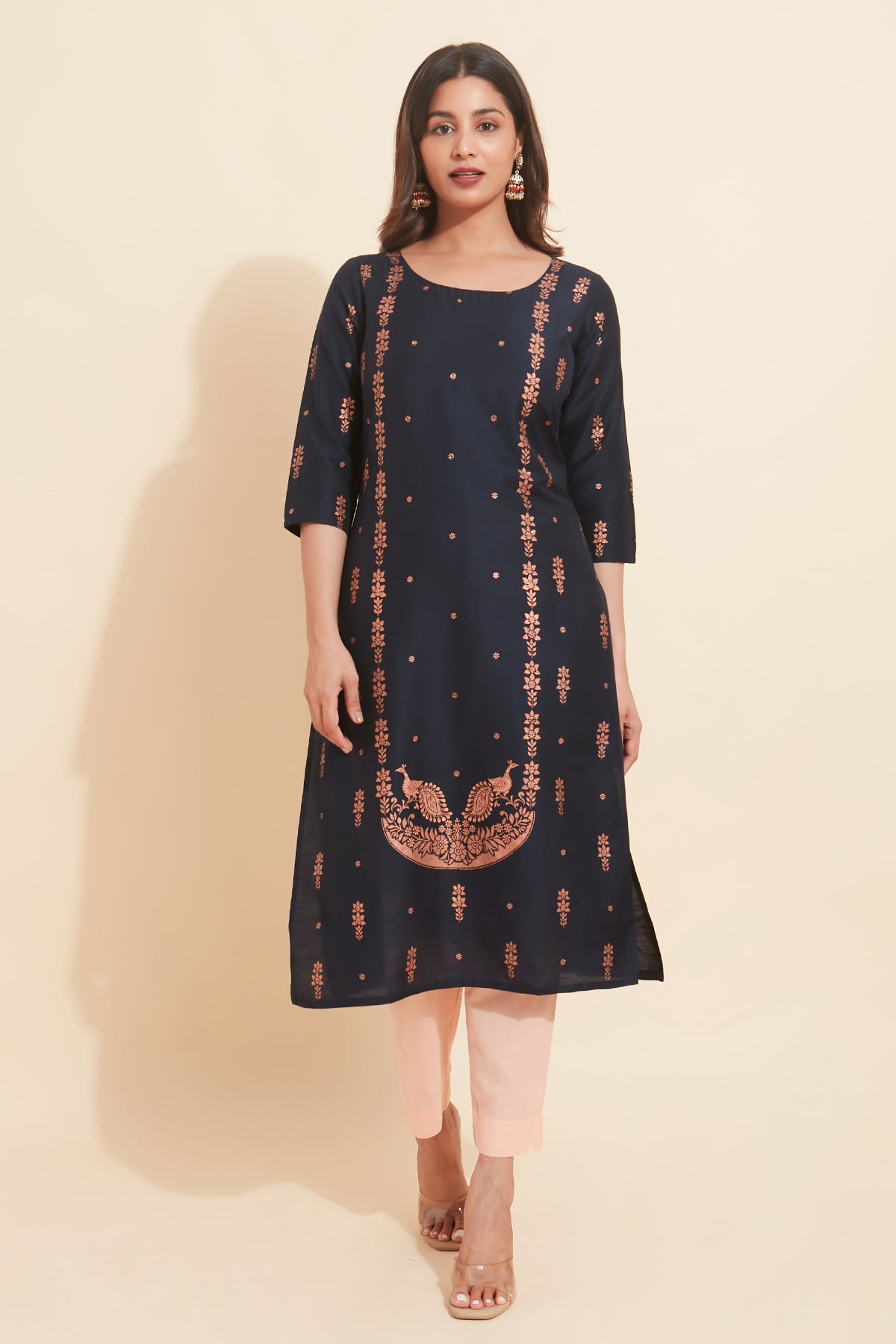 All Over Floral Printed With Stone Embellished  Kurta Blue