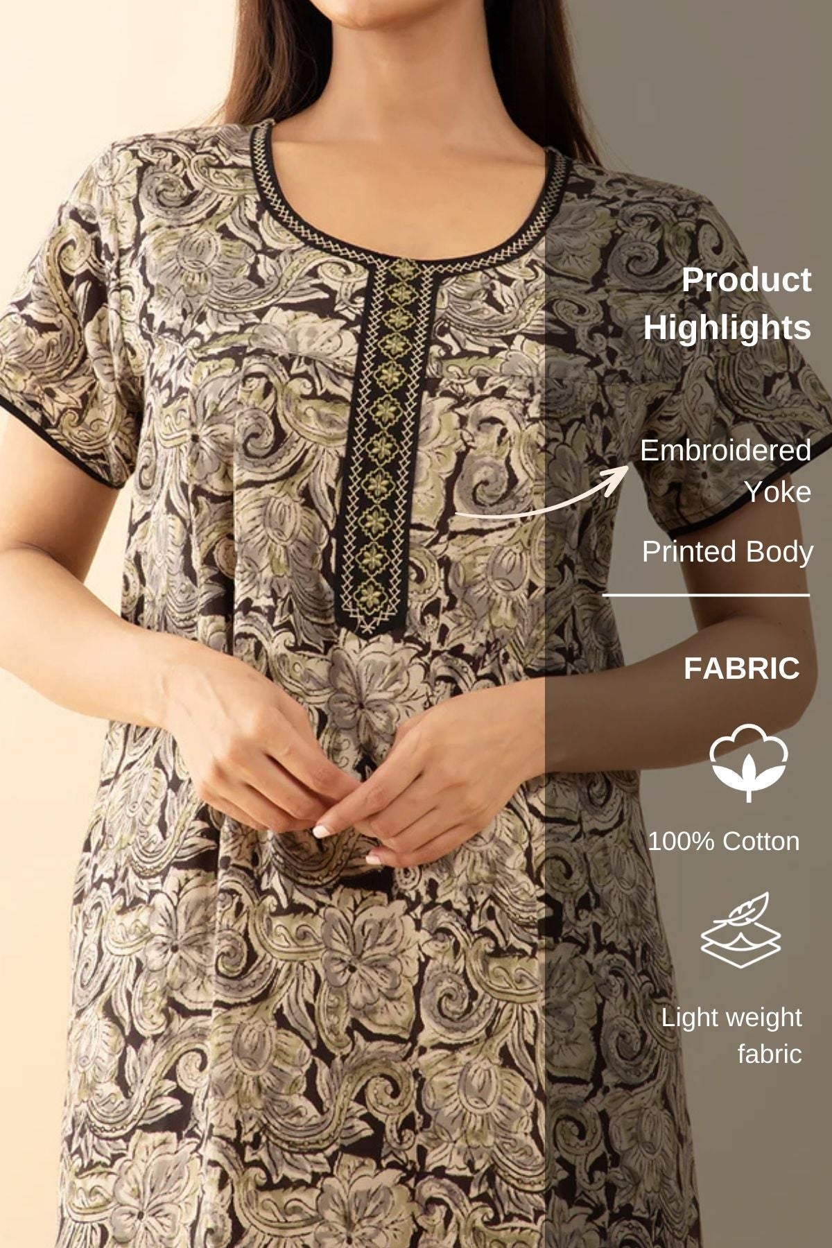 Kalamkari Printed & Embroidered Nighty - Black