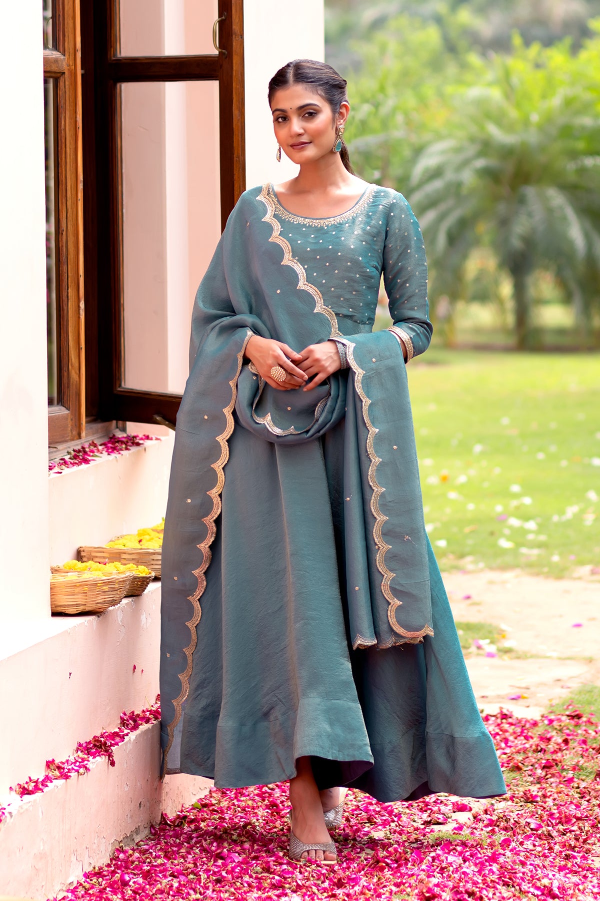 Sequence Embroidered Anarkali with Scallop Dupatta - Metallic Blue