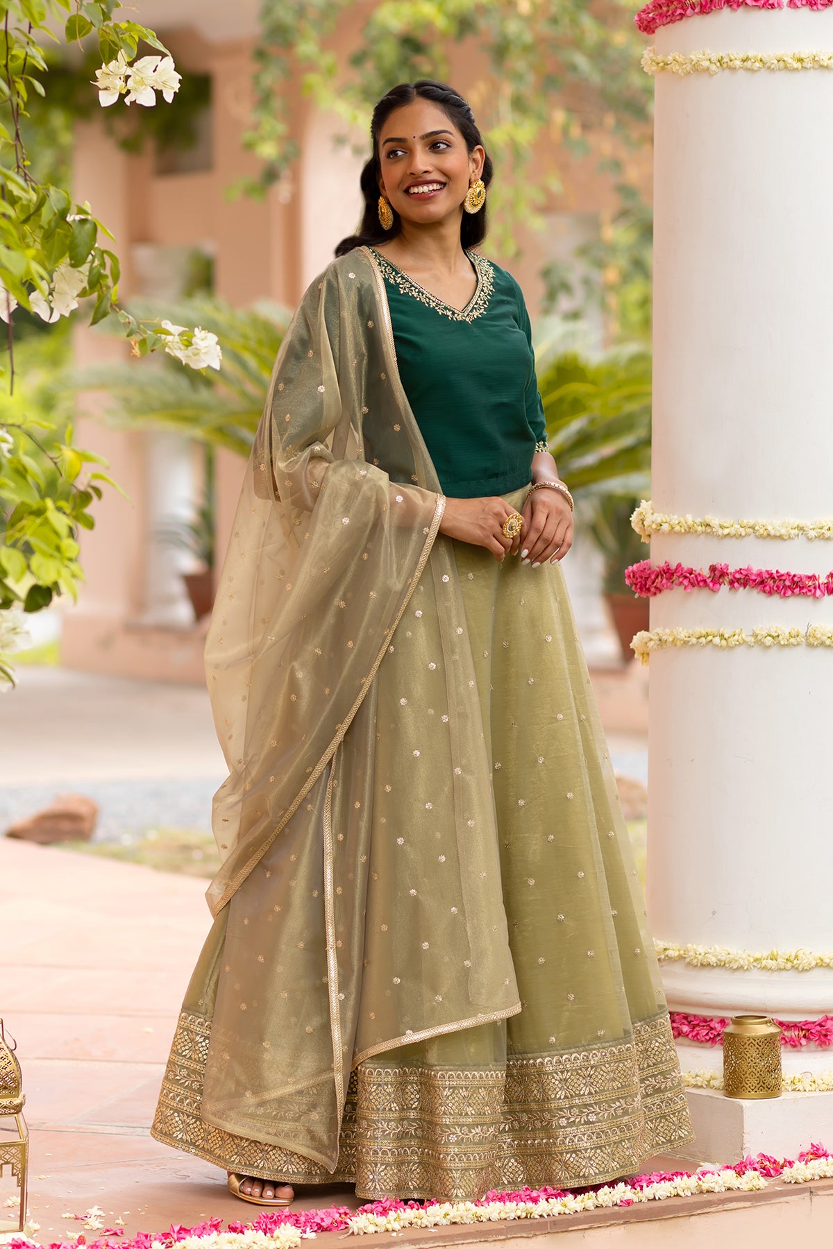 Sequence Embellished Skirtset with Netted Dupatta - Green