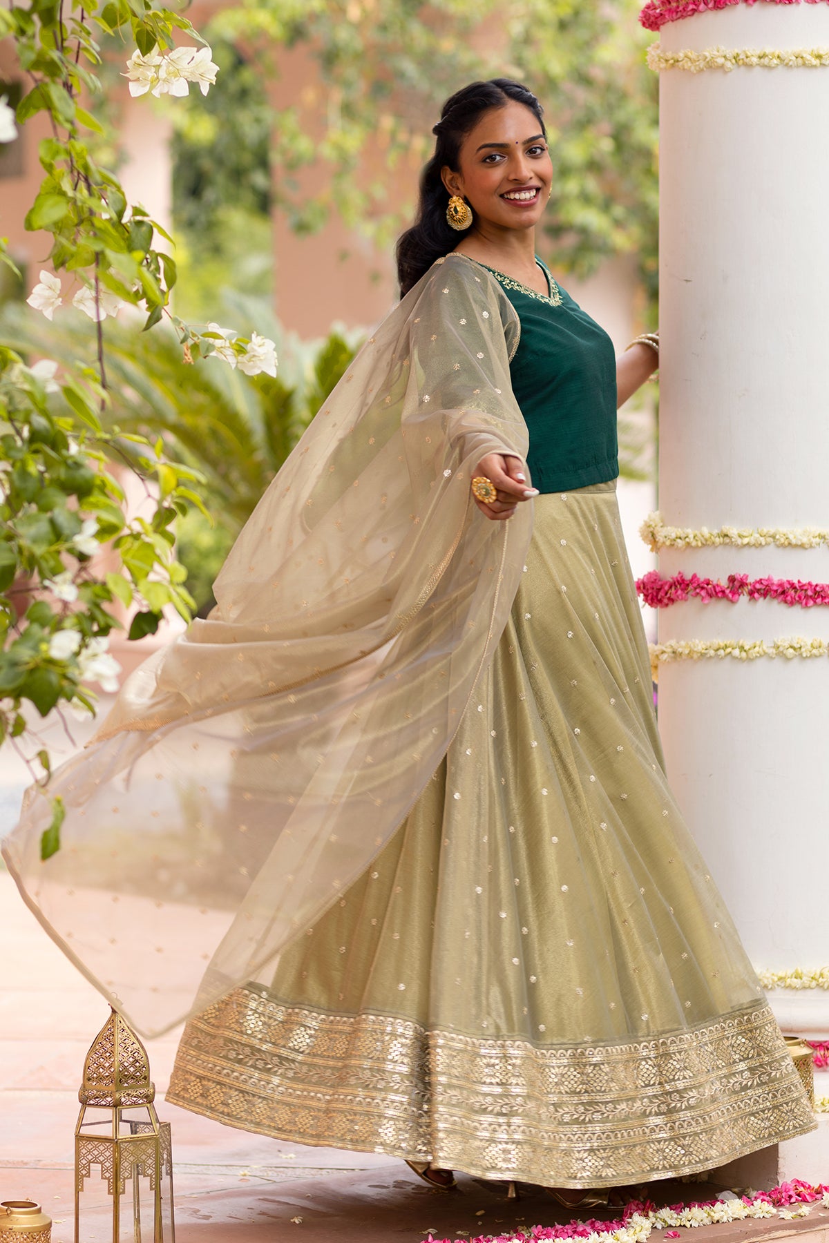 Sequence Embellished Skirtset with Netted Dupatta - Green