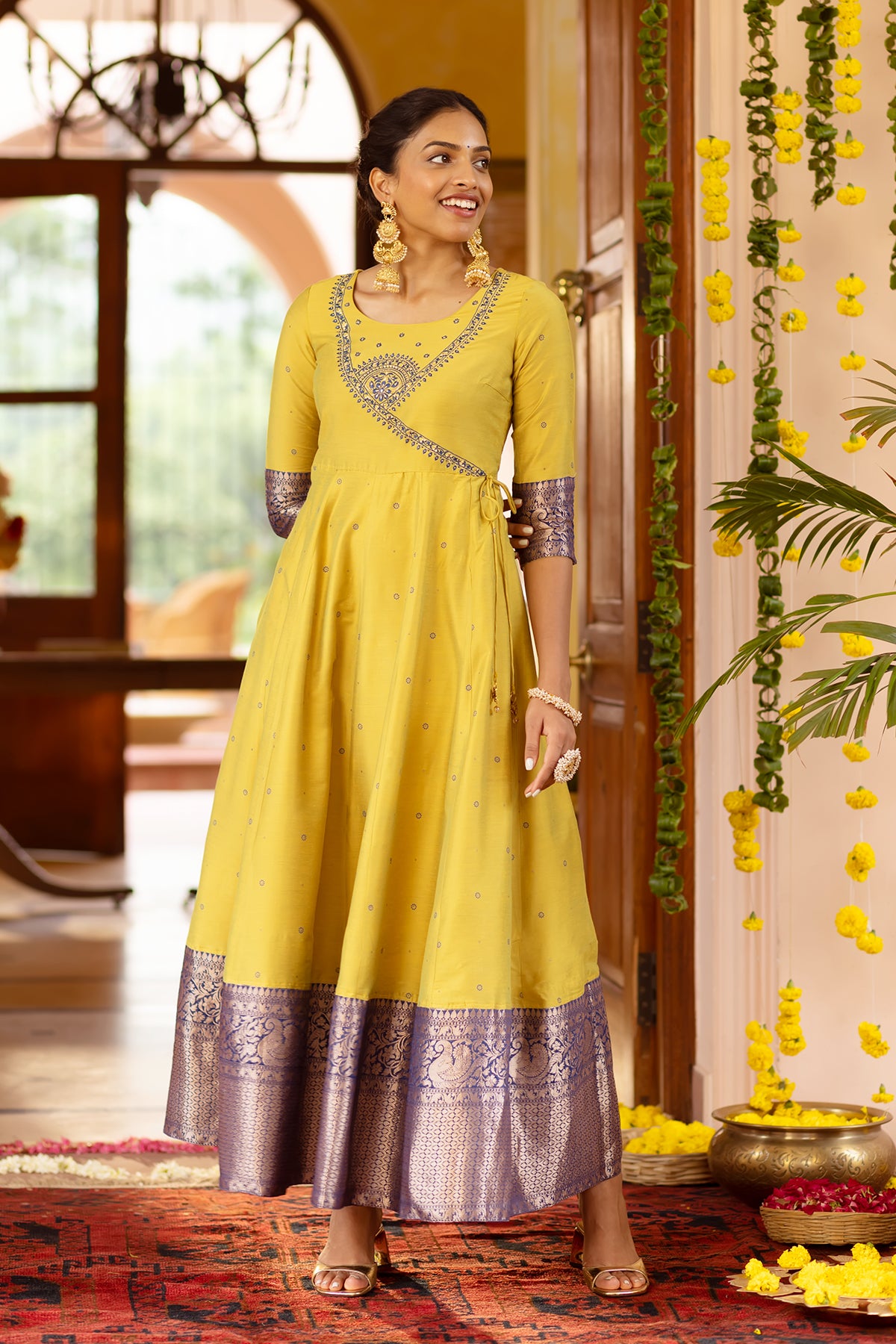 Floral Embroidered Anarkali with Zari Border - Yellow