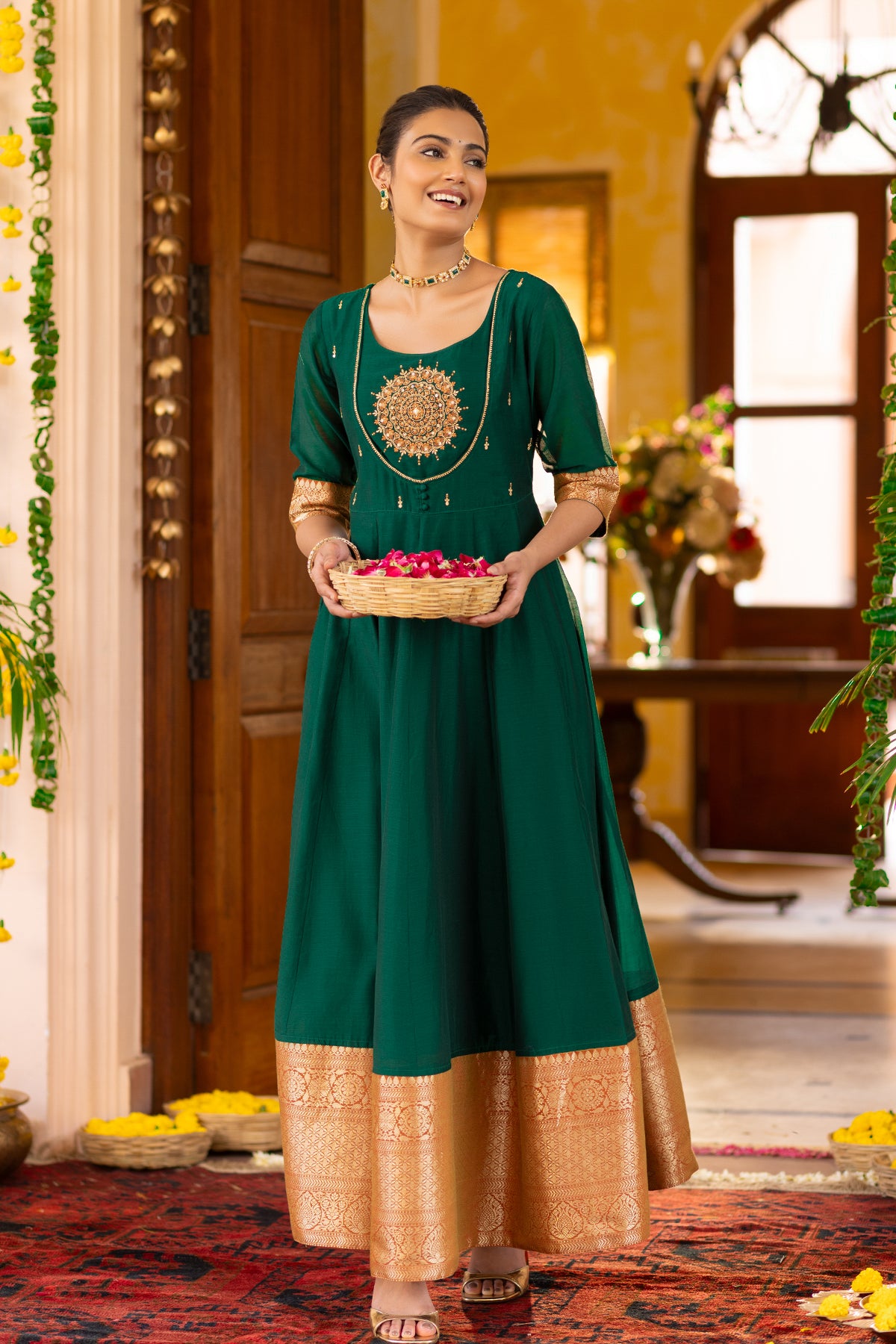 Mandala Embroidered Anarkali with Zari Border - Green