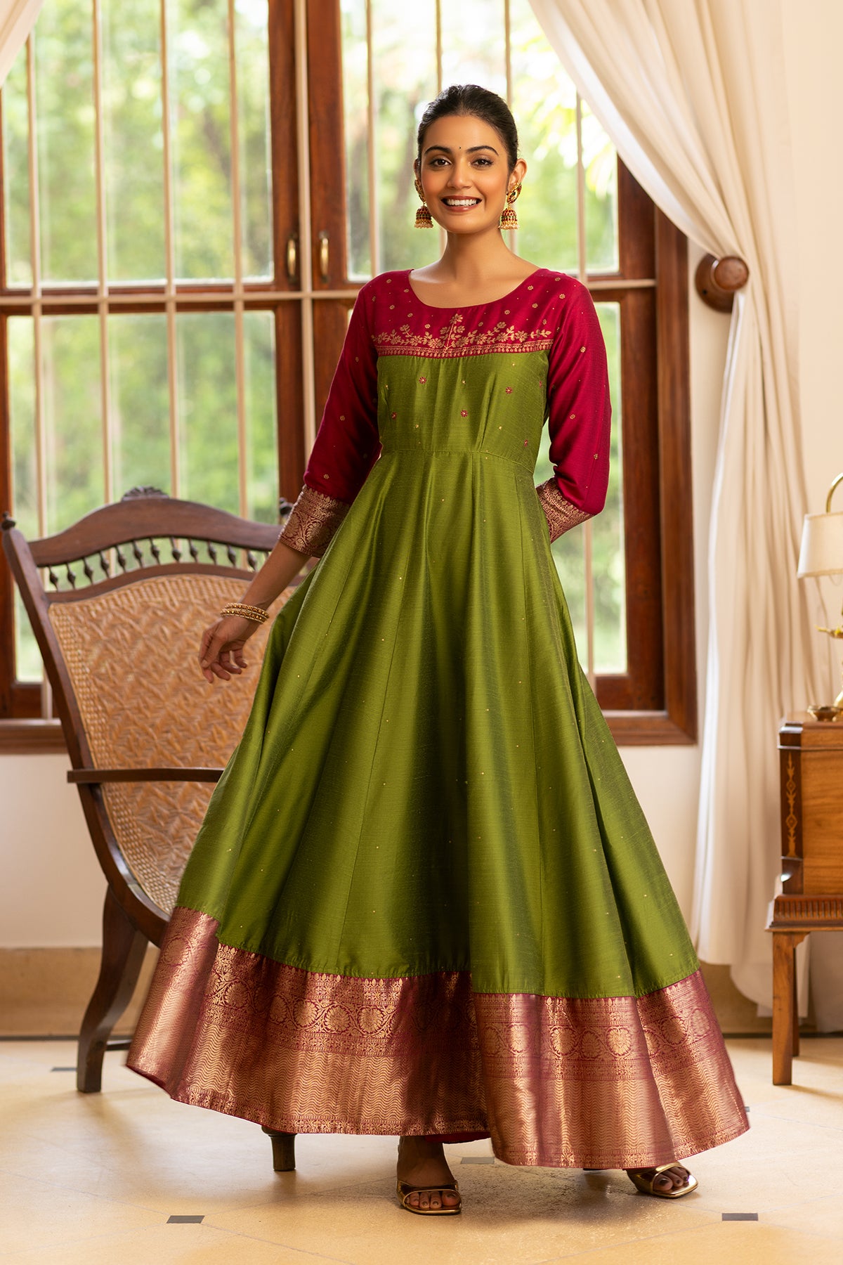 Floral Printed Dual-Tone Anarkali - Green