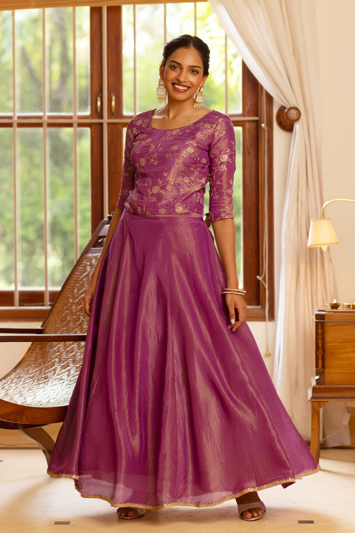 Sequence Embroidered Skirt set - Purple