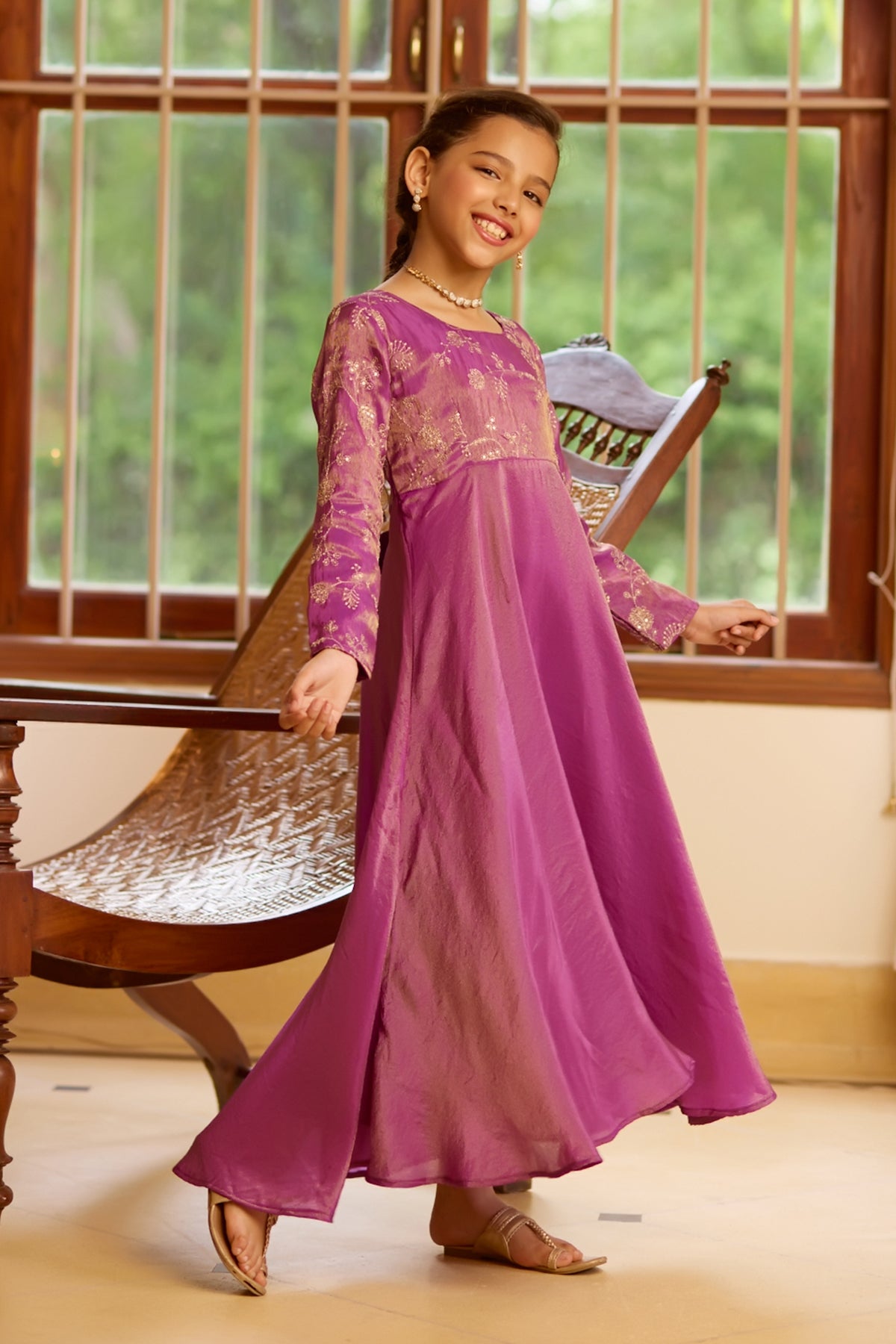 Sequence Embroidered Kids Anarkali - Purple