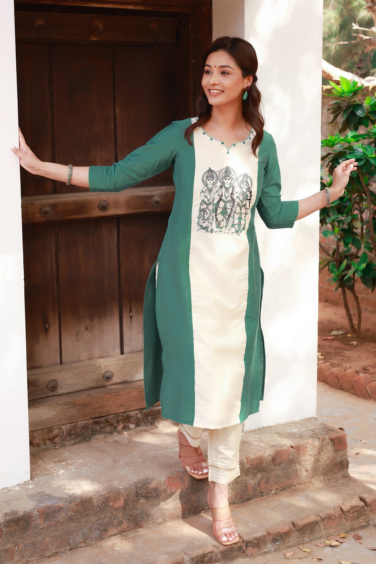 Ram Darbar Printed Yoke Panelled Kurta Green