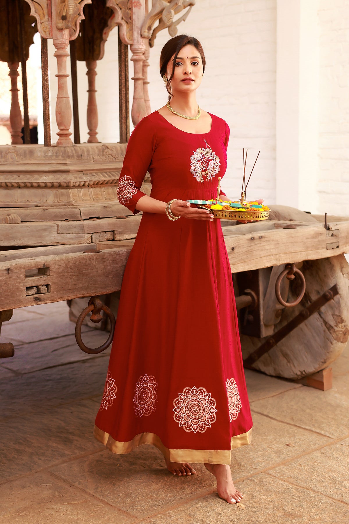 Ram Motif Embroidered Yoke With Mandala Printed Anarkali - Red