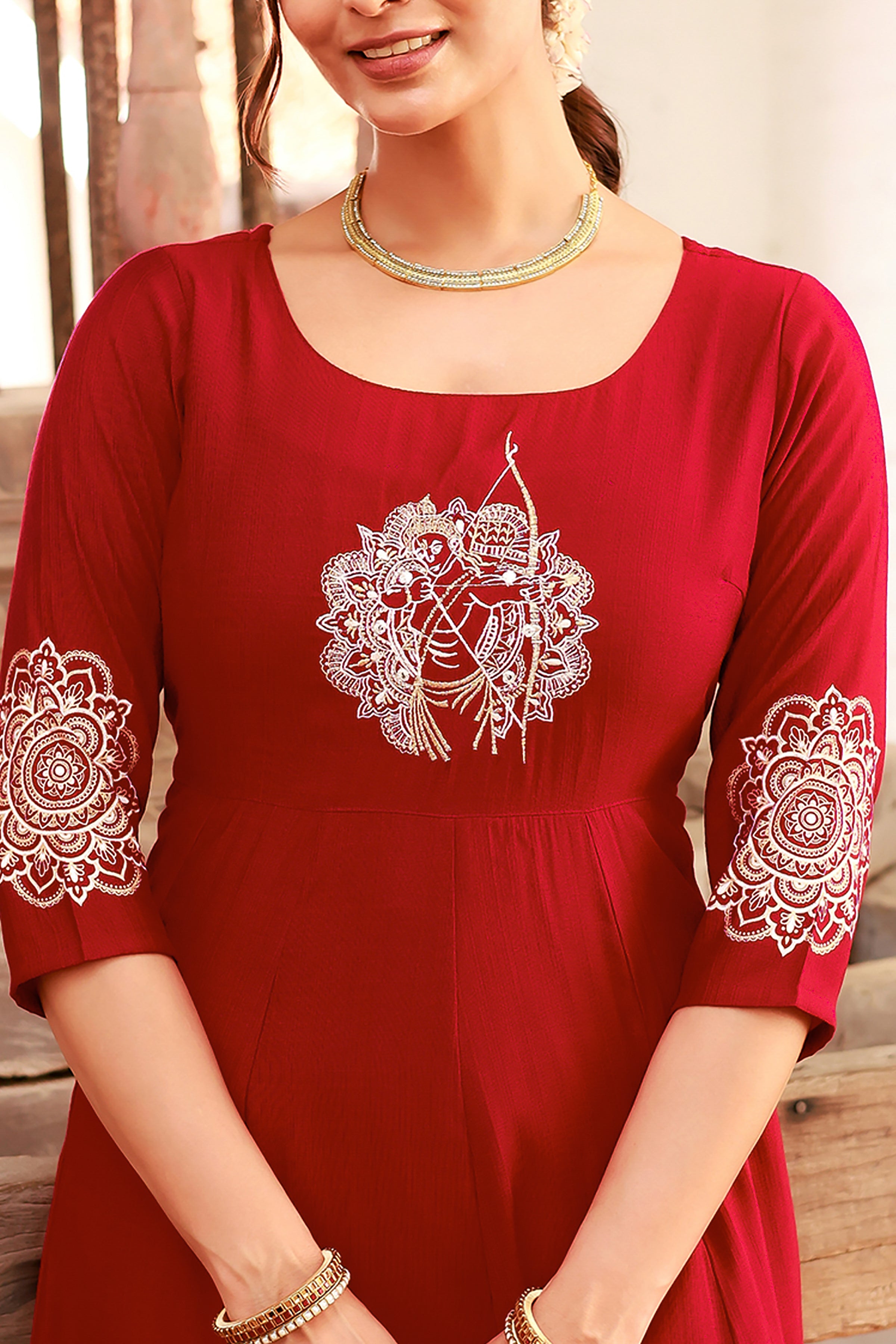 Ram Motif Embroidered Yoke With Mandala Printed Anarkali - Red