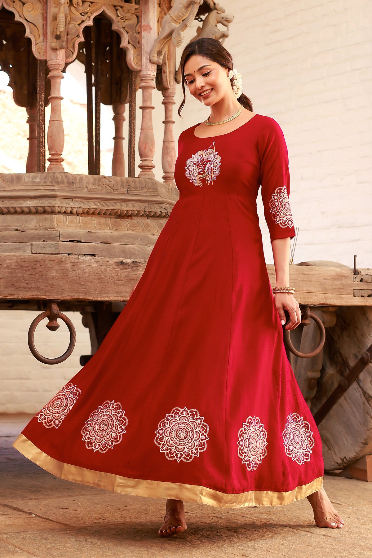 Ram Motif Embroidered Yoke With Mandala Printed Anarkali - Red