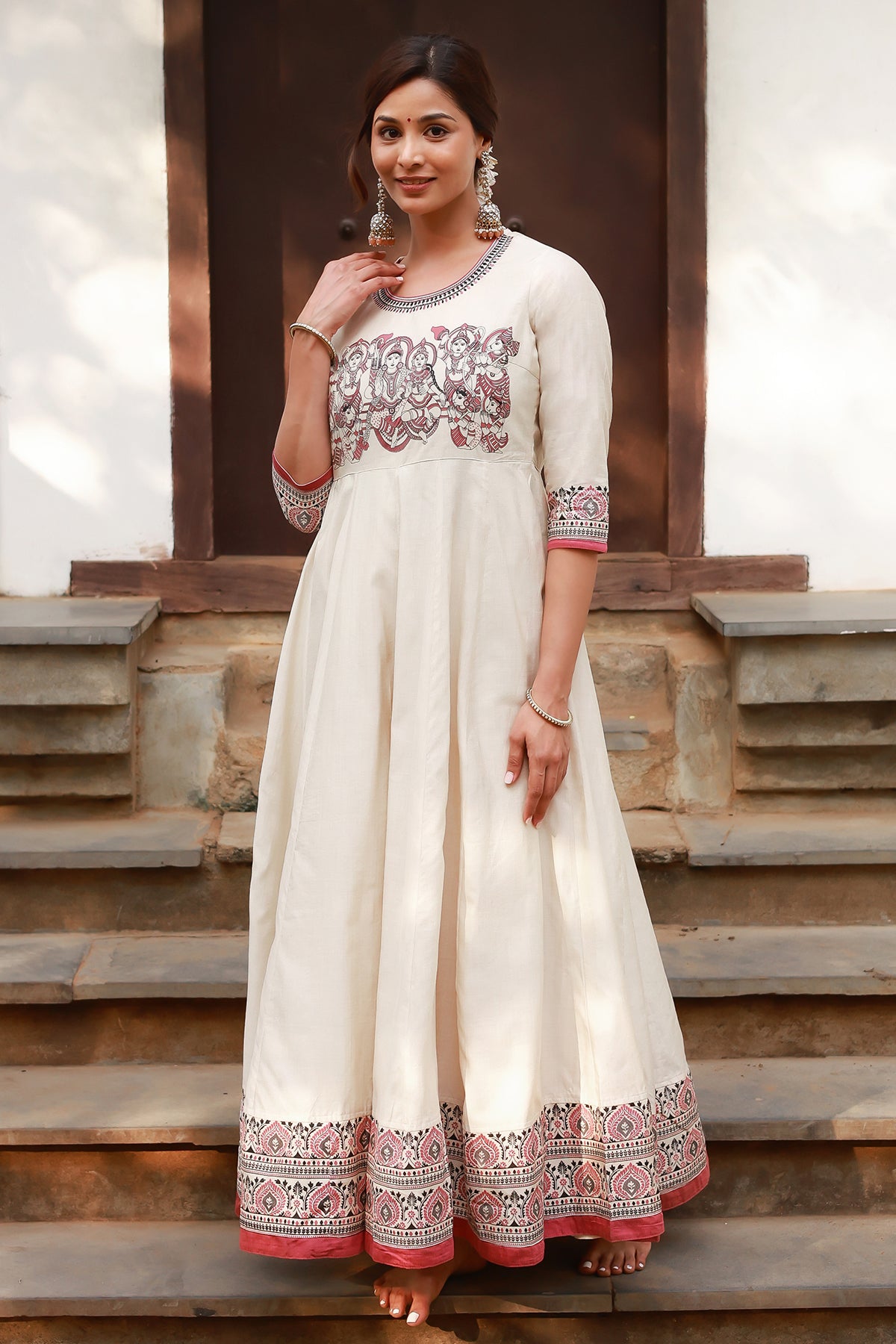 Ram Darbar Printed Yoke With Jewel Inspired Motif Embroidered Anarkali Off White