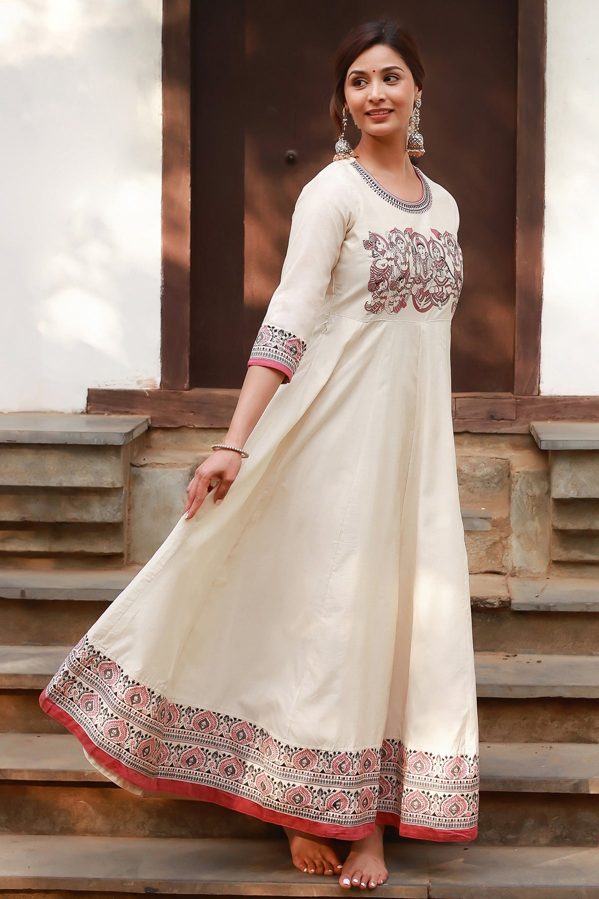 Ram Darbar Printed Yoke With Jewel Inspired Motif Embroidered Anarkali Off White