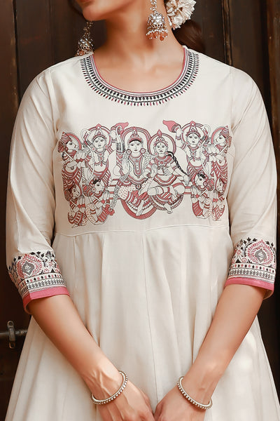 Ram Darbar Printed Yoke With Jewel Inspired Motif Embroidered Anarkali - Off White