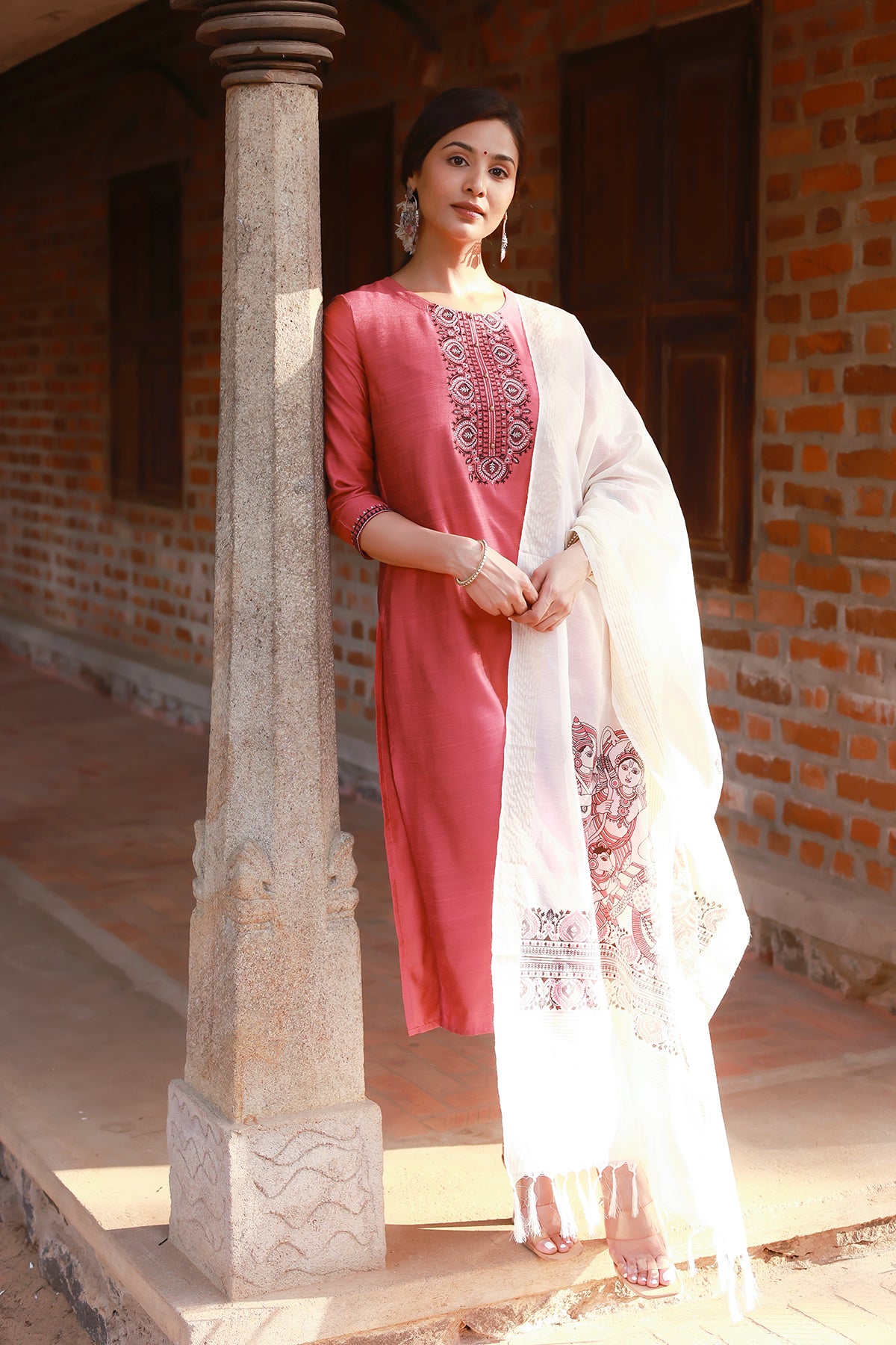 Ram Darbar Printed Dupatta & Kurta Set - Rust Pink & Off White