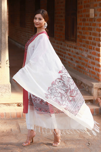 Thilagam Motif Embroidered Kurta Set With Ram Darbar Printed Dupatta - Rust Pink & Off White