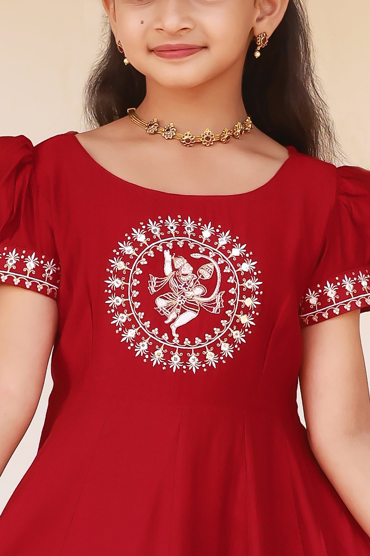 Hanuman Motif Embroidered With Foil Mirror Embellished Kids Anarkali - Red