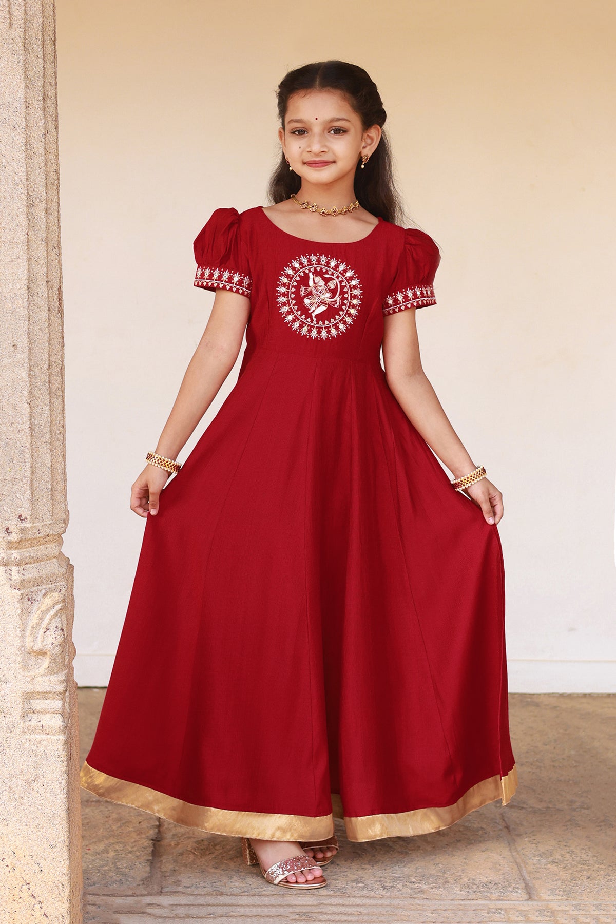 Hanuman Motif Embroidered With Foil Mirror Embellished Kids Anarkali Red