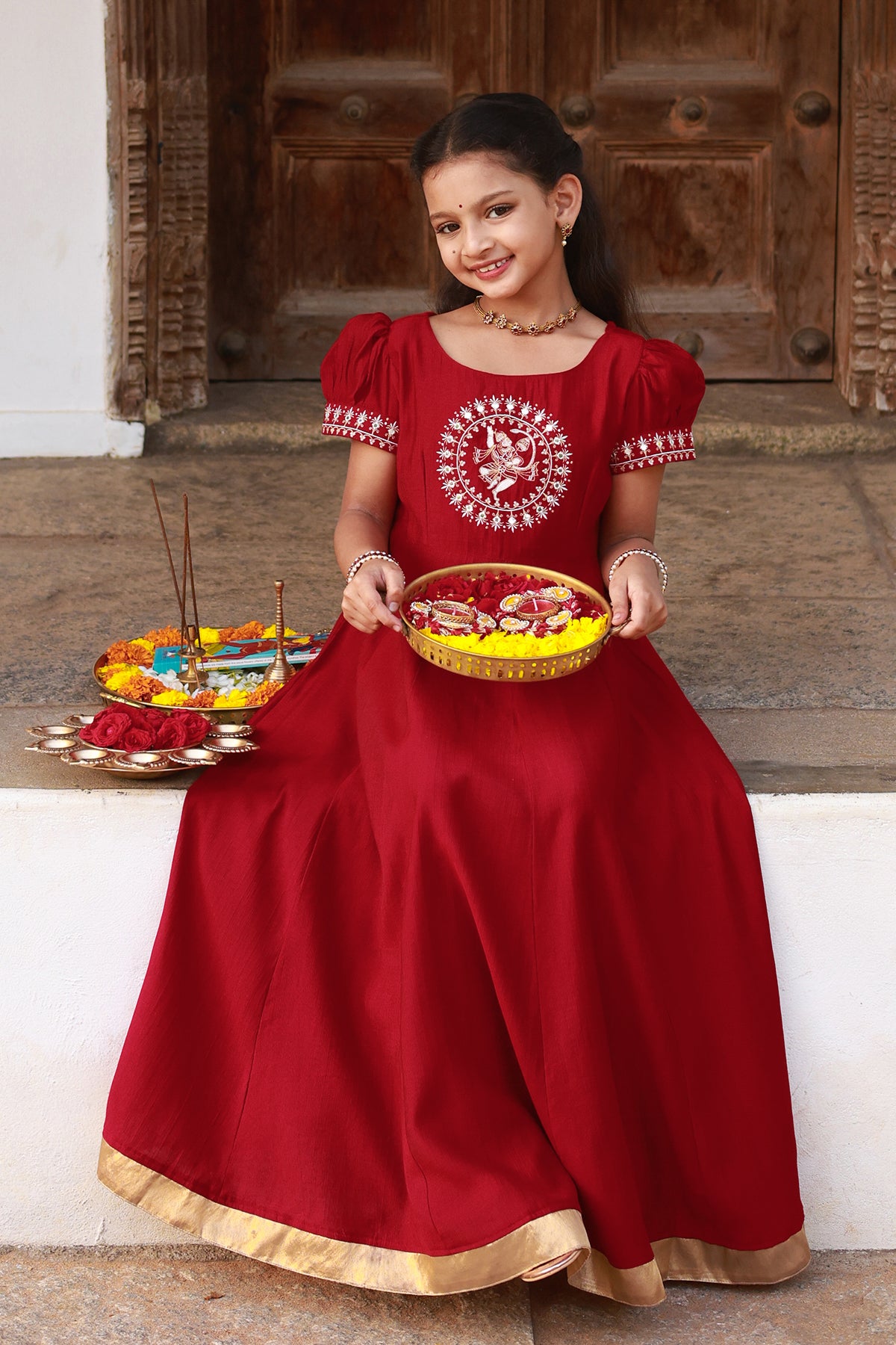 Hanuman Motif Embroidered With Foil Mirror Embellished Kids Anarkali - Red