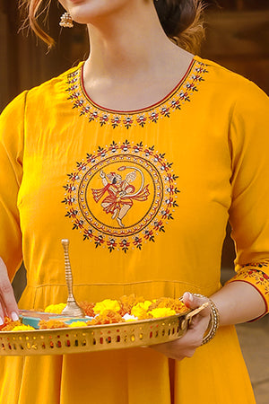 Hanuman Motif Embroidered With Foil Mirror Embellished Anarkali Yellow