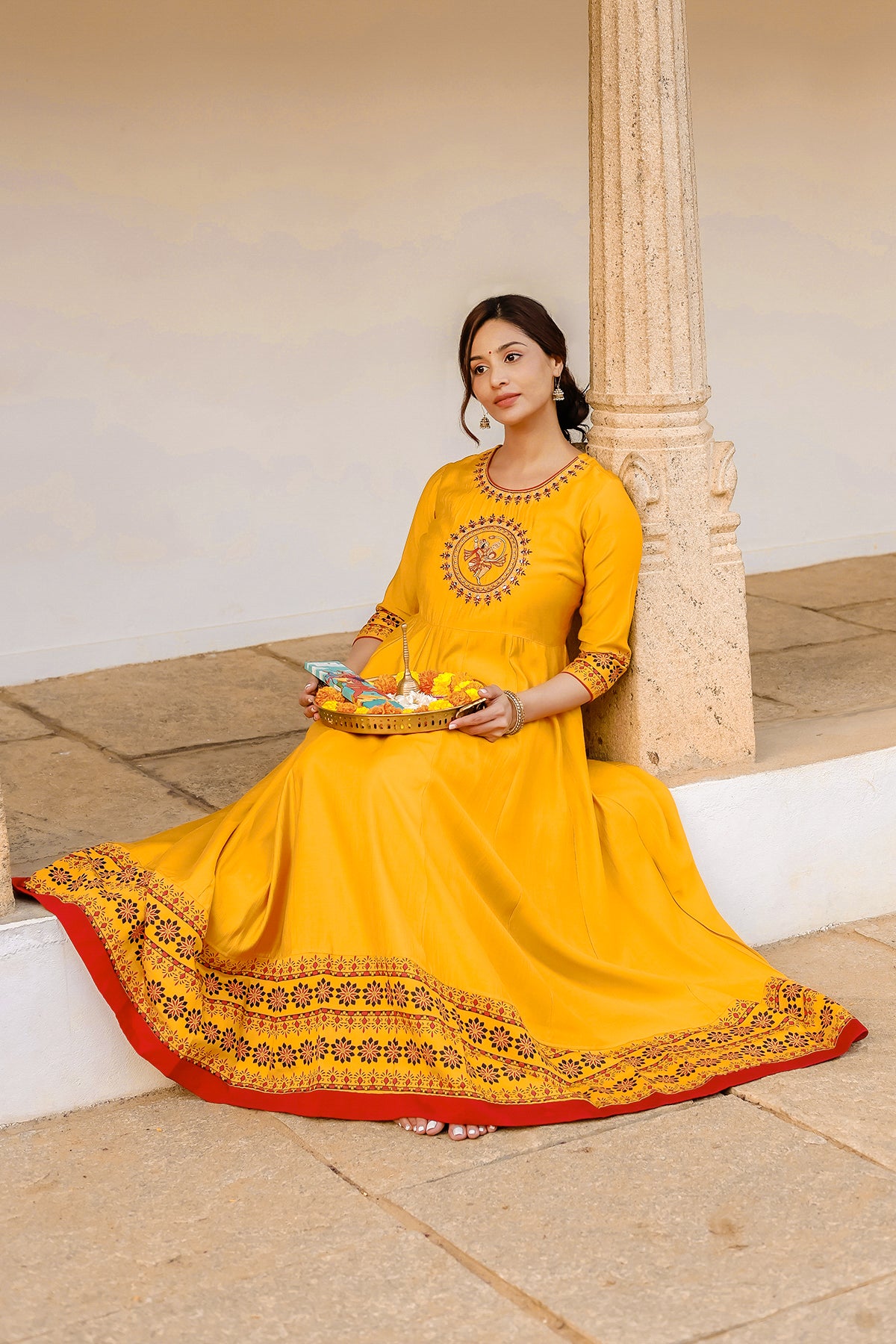 Hanuman Motif Embroidered With Foil Mirror Embellished Anarkali Yellow