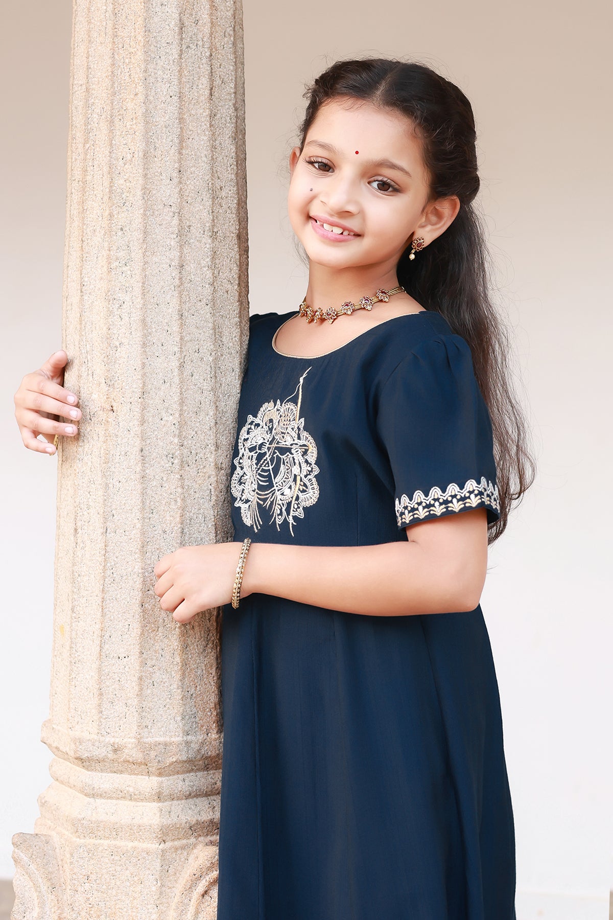 Ram Motif Embroidered With Mandala Printed Kids Anarkali Blue