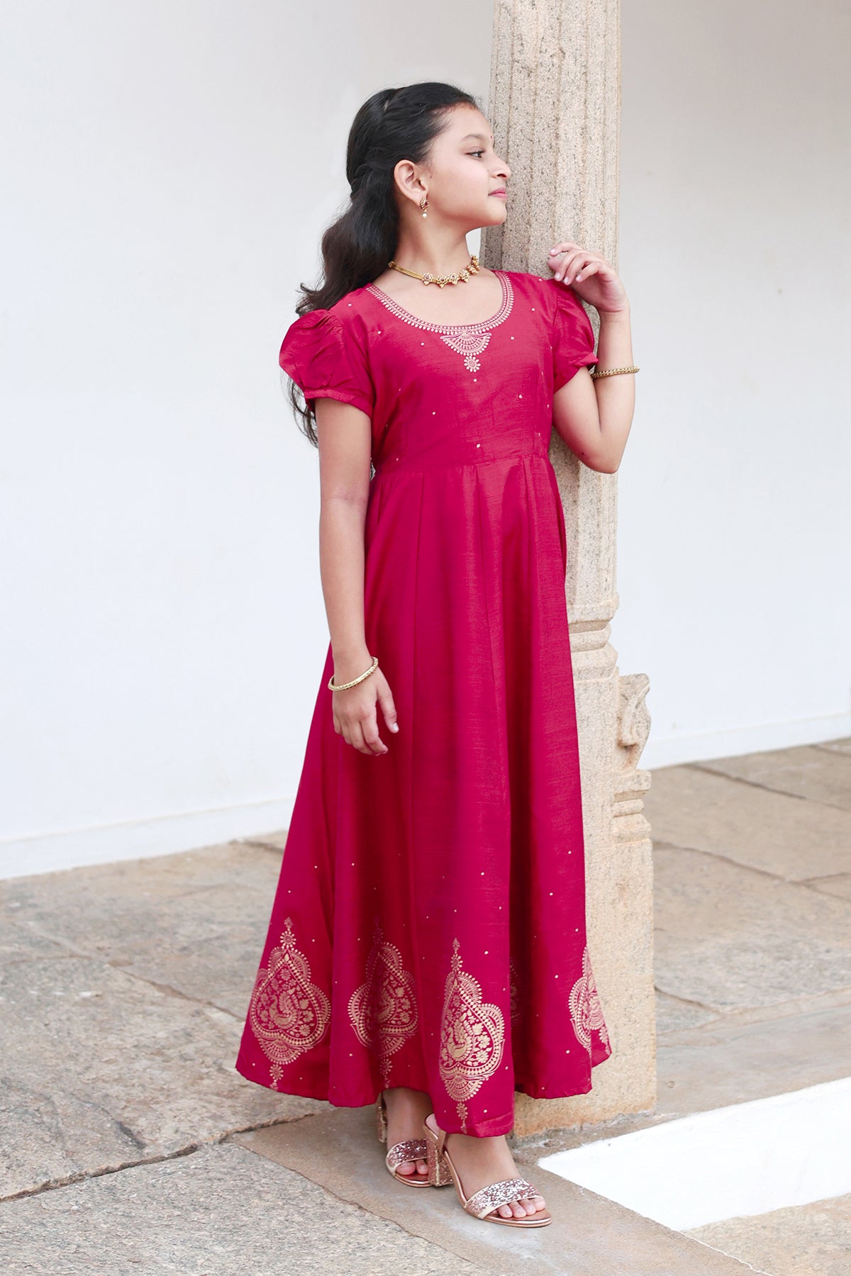 Jewel Inspired Neckline With Contemporary Peacock Motif Printed kids Anarkali Magenta