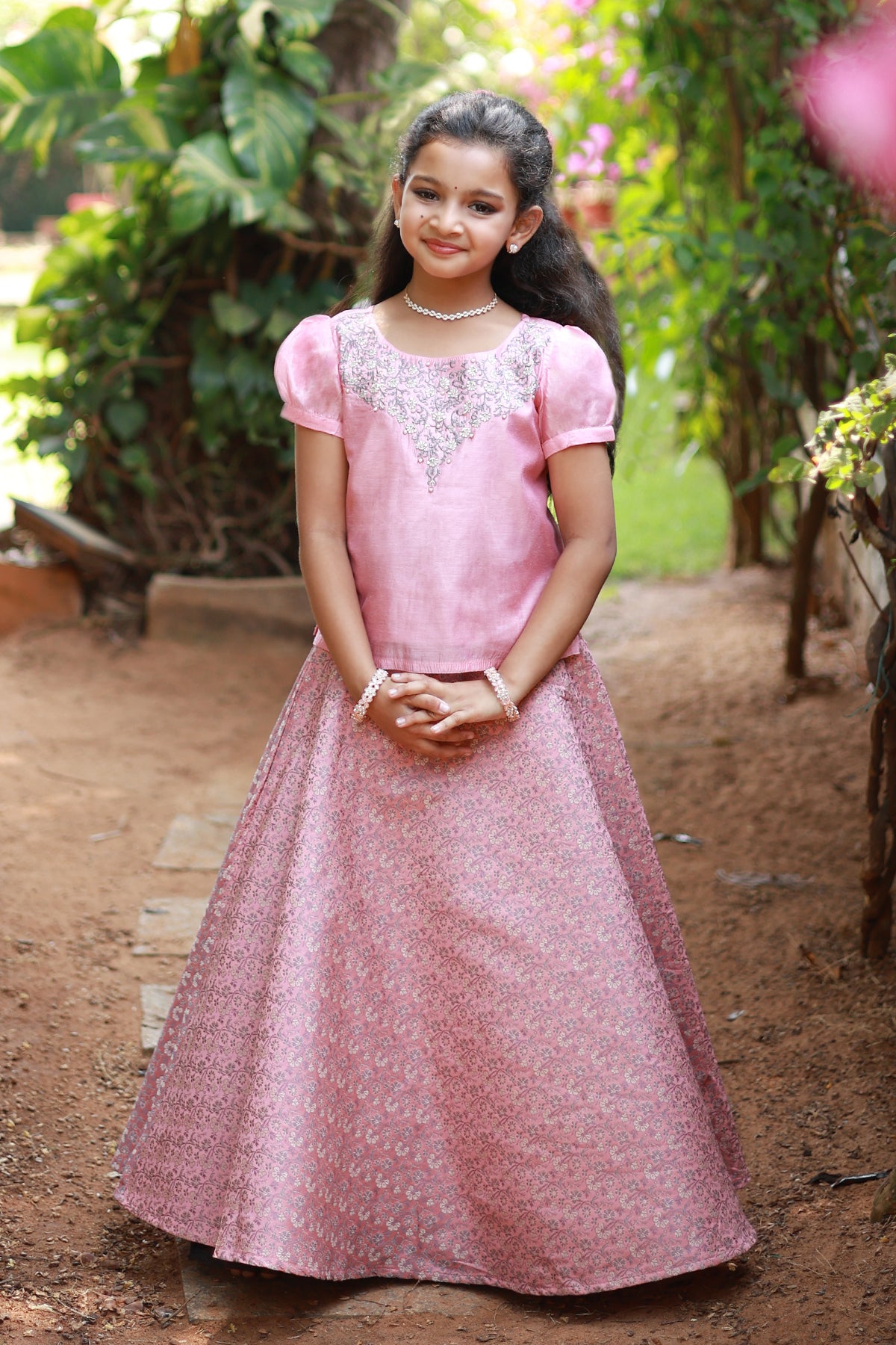 Floral Embroidered Top with Brocade Kids Skirtset - Pink & Grey