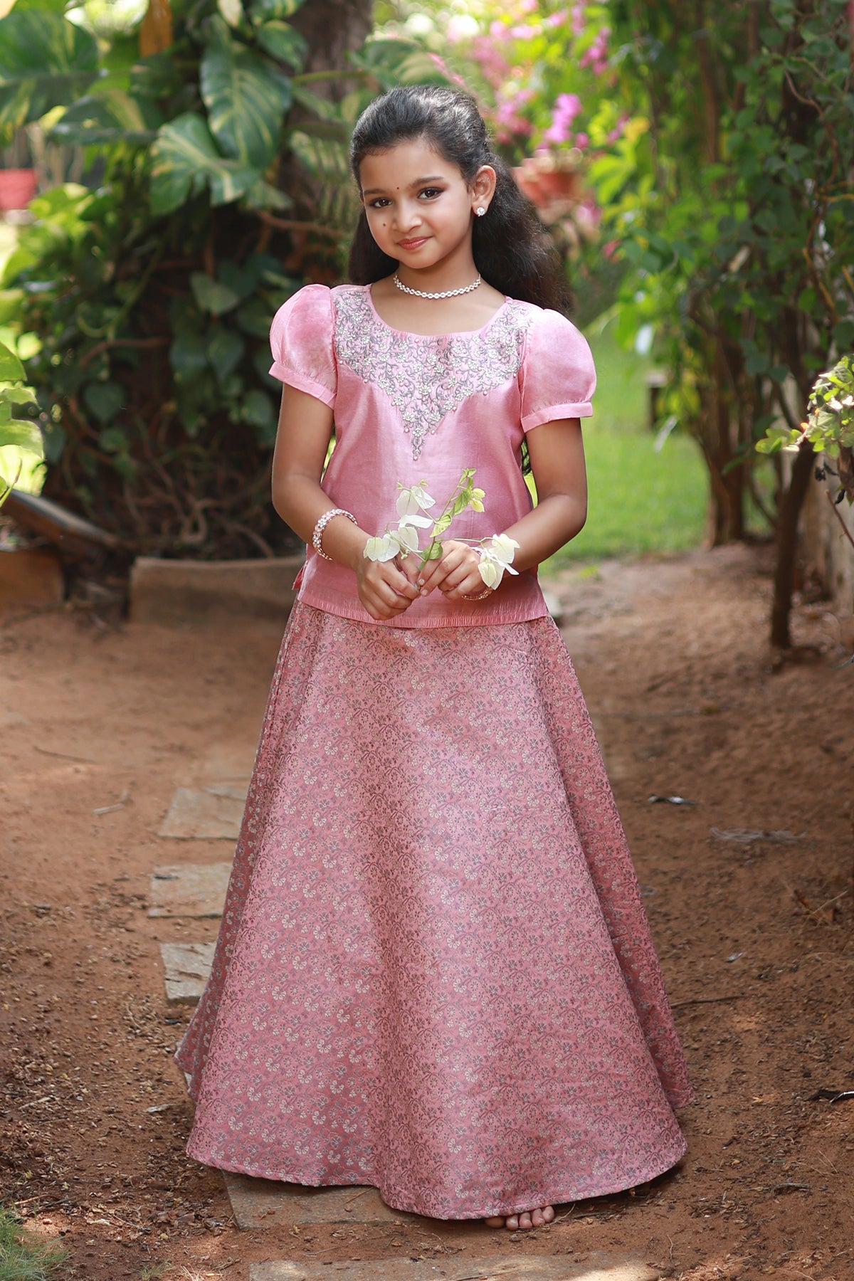 Floral Embroidered Top with Brocade Kids Skirtset - Pink & Grey