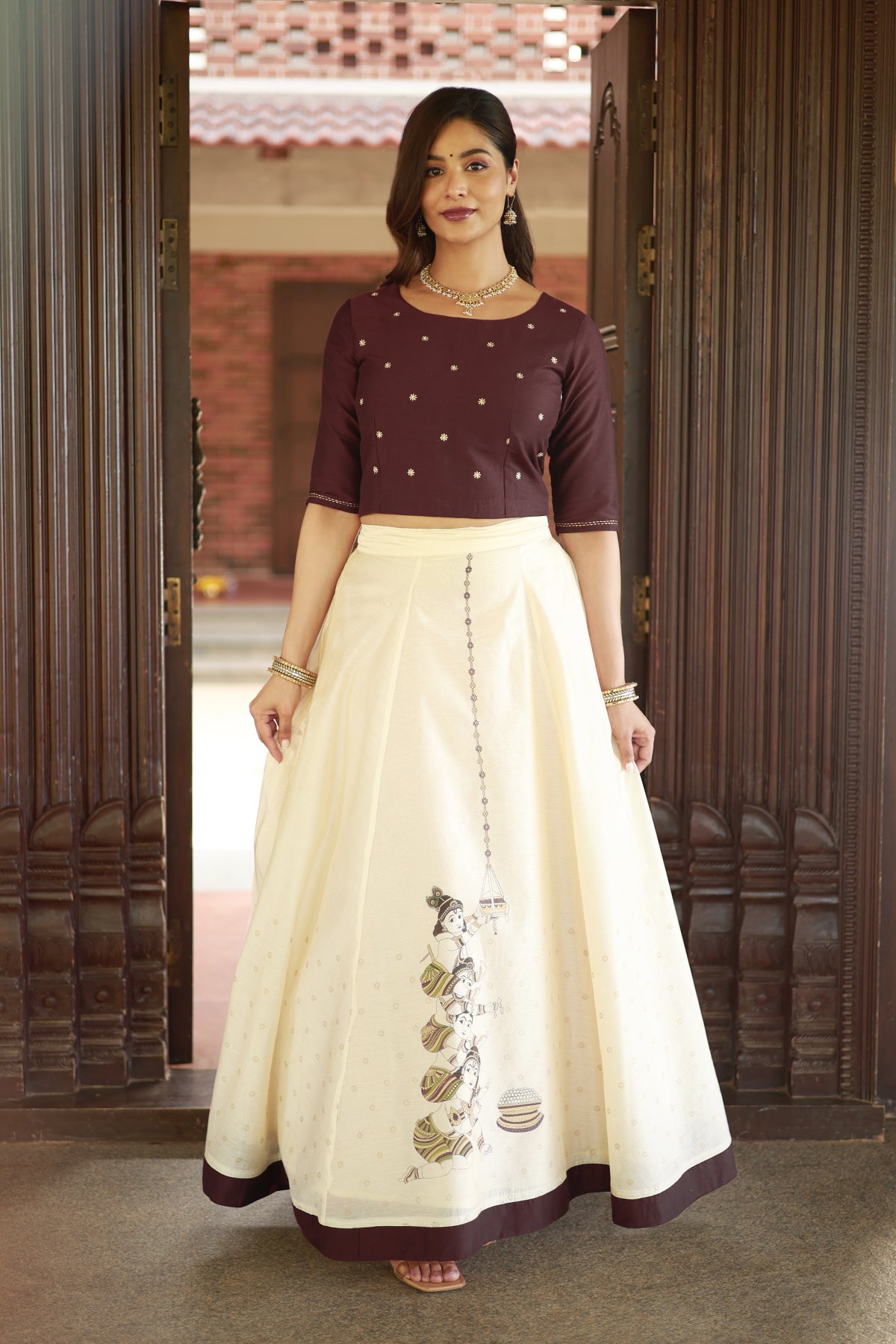 Makhan Chor Placement Printed Skirtset with Floral Embroidered Top - Off-White & Brown