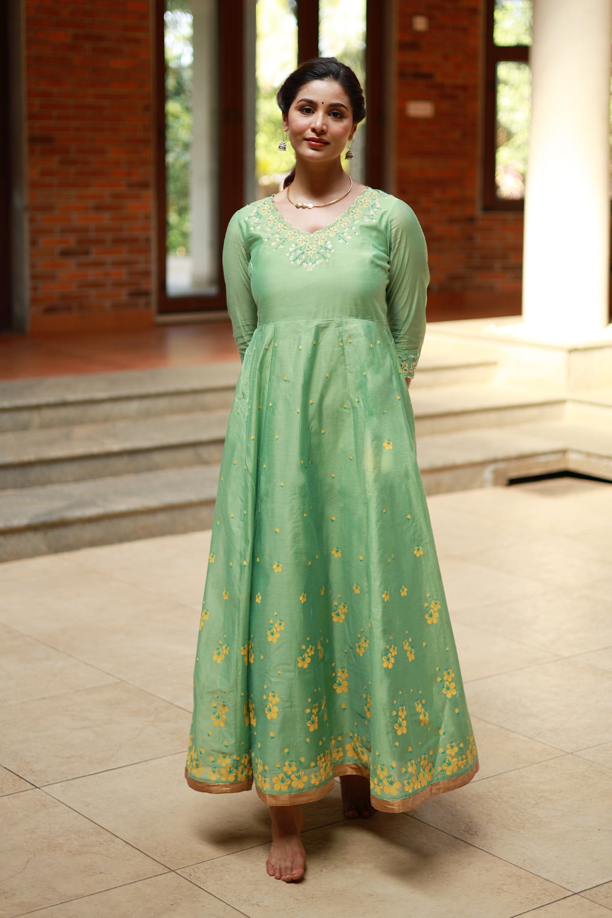 Kanikkonna Flower Embroidered Printed Anarkali Green