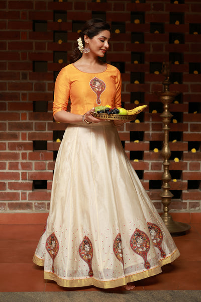 Valkannadi Printed Skirtset with Krishna Peedam Printed Top - Mustard & Off-White
