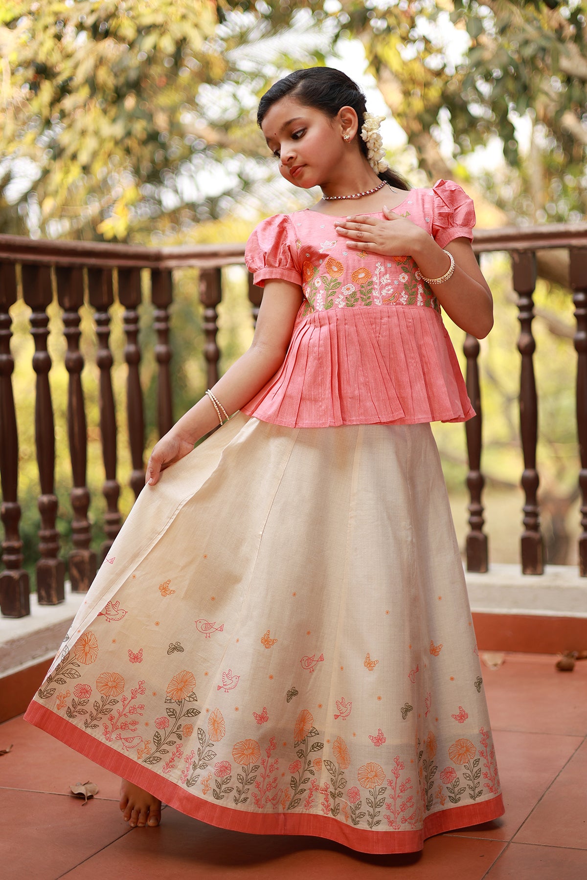 Whimsical Garden Embroidered Peplum Top with Printed Kids Skirtset Peach Off White