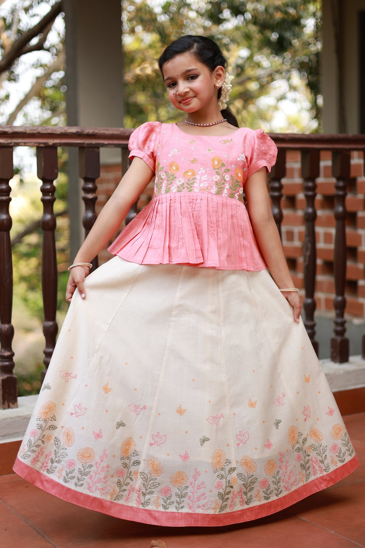 Whimsical Garden Embroidered Peplum Top with Printed Kids Skirtset - Peach & Off-White